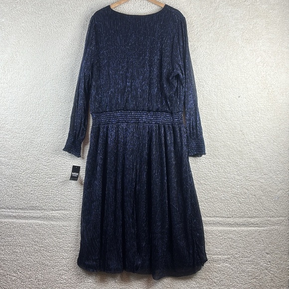 NWT MSK Womens Navy Blue Metallic Smocked V-Neck Long Sleeve Midi Dress PLUS 3X - Picture 9 of 13